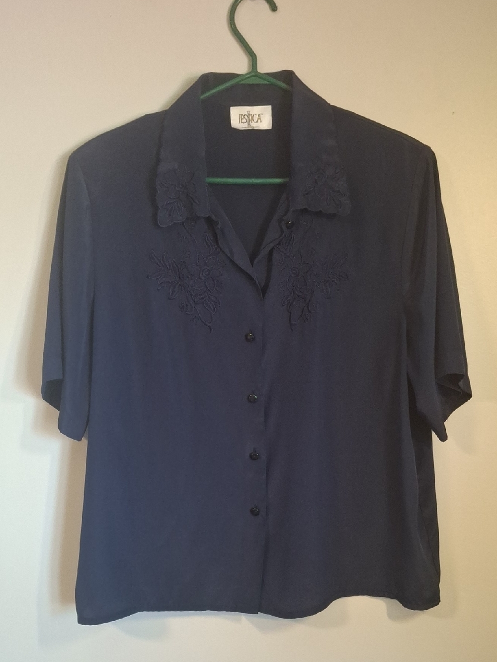 Vintage JESSICA Navy Blue Embroidered Silk-Feel Blouse Short Sleeve Shoulder Pad